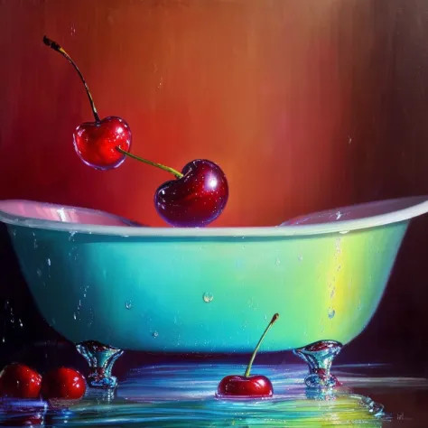 (a)still life with funny (a:1.1)cherry in the (a:1.1)bath, (medium:1.1)oil painting, (vibrant colors:1.1), (soft lighting:1.1), ...