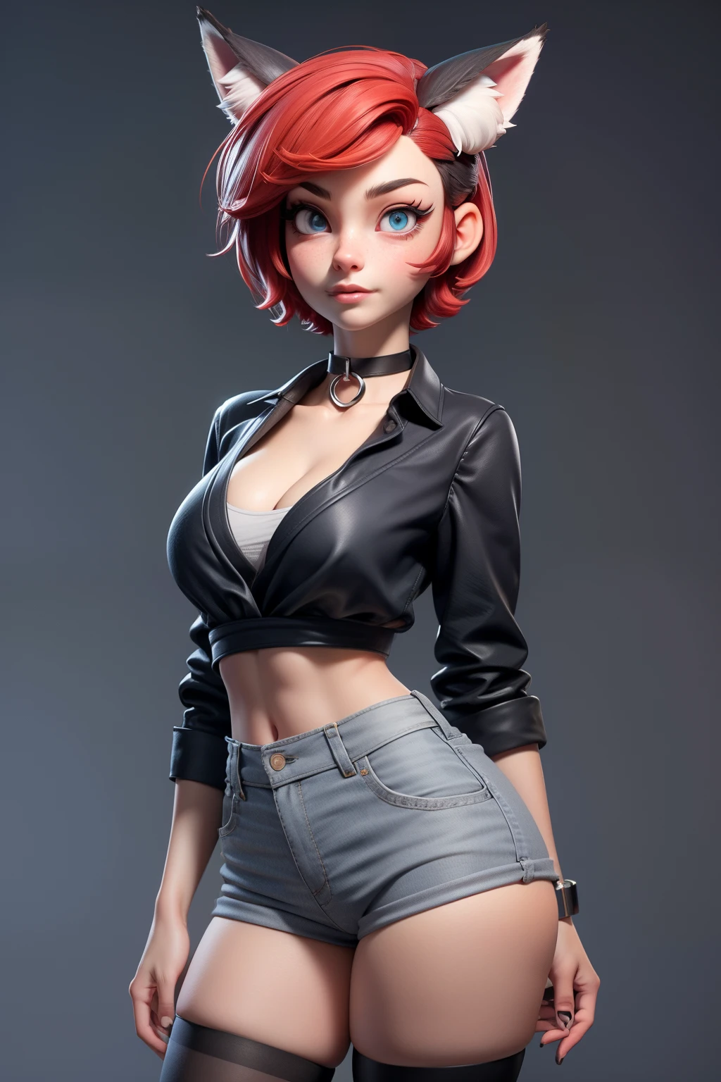 1girl, teenager, solo, ahegao, (short pixie cut Hair, undercut red hair: 1.28), ((light gray eyes)), some small freckles, (dark fox ears: 1.35), pale skin, large breasts, cleavage, (thin hips, thin waist , athletic body: 1.25), simple background, looking away, (tight ripped black shirt, choker, short shorts, thigh high stockings, plaid b&w sneakers: 1.11), masterpiece, best quality,3d rending work ,3DMM style, close-up, portrait, 3D,