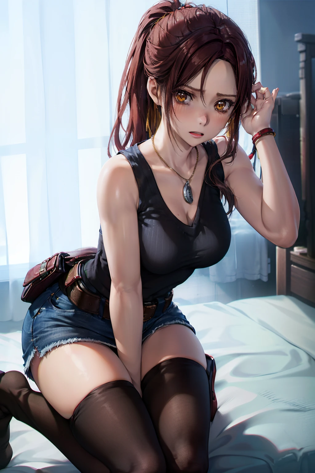 dessus de la table, Meilleure qualité, 1 fille dans, (Claire Redfield), cheveux bruns, (les yeux jaunes:1.2),(Tricots sans manches)、((Minijupe en jean))、((chaussettes noires))、((Chambre à coucher))、cheveux longs、queue de cheval、((expression gênée))、((ouvrir largement les jambes))、(Photo d&#39;en bas)、((Lever une jambe))