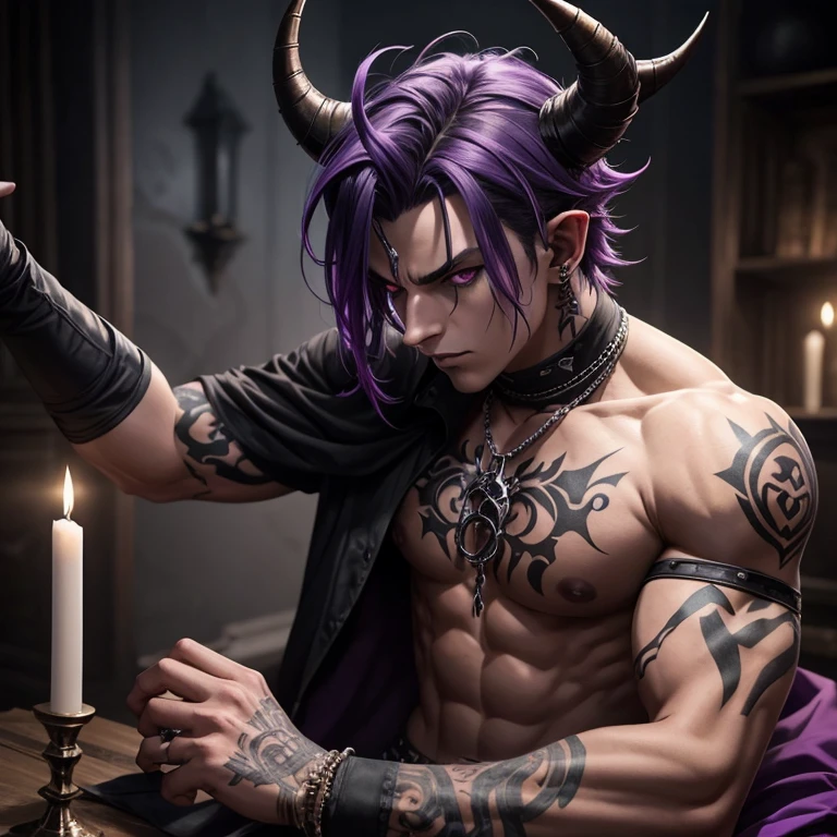 tiefling demon. dark grey short shaggy hair, smoky, layered horns, assassin, 17 years old, piercings, spikes, facial piercings, purple skin tone,  fantasy, medieval, boy, male, emo, large horns, rogue, light muscle tonnage, no lipstick, one broken horn, scars, tattoos, thick curled horns, soft features, fully clothed