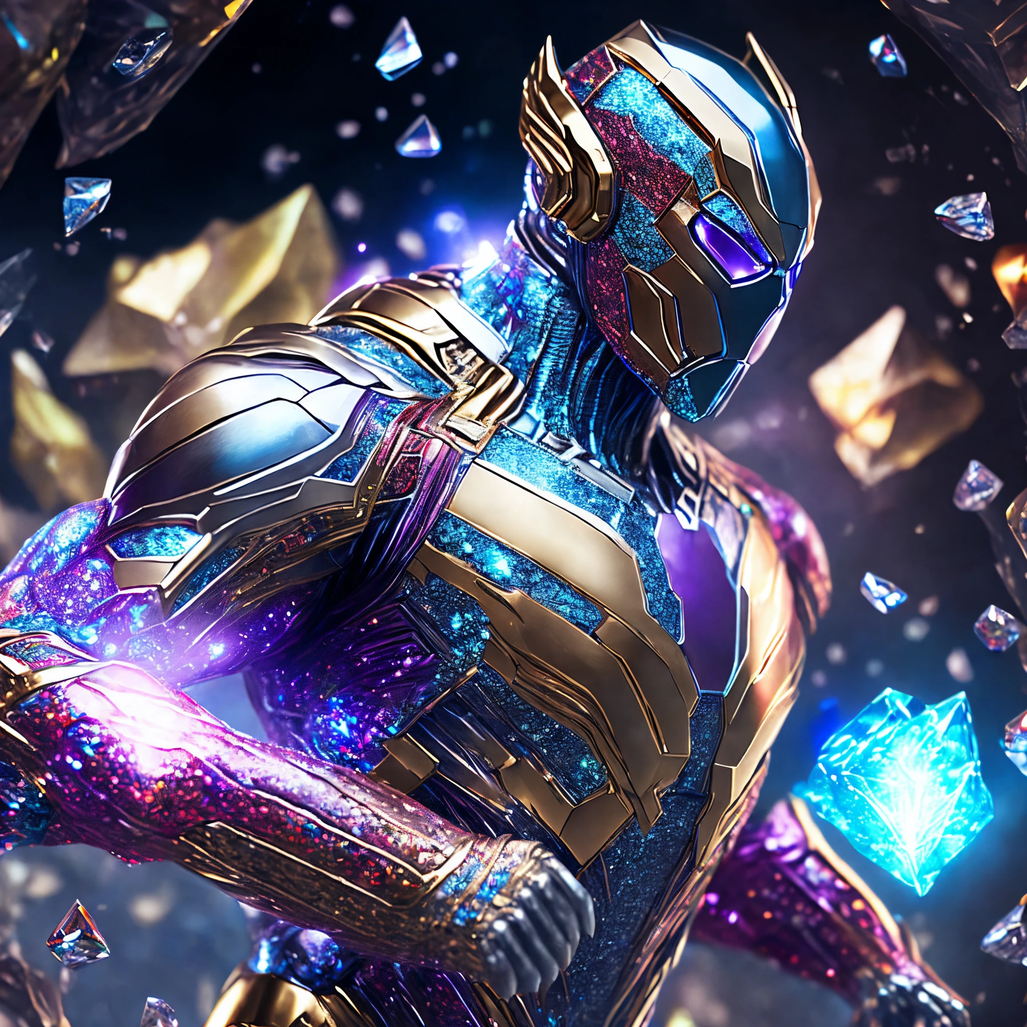 Close-up (multi coloured diamond-man from Marvel in chrome metal style: 1.3) emerging from the underground crystal cave, well detailed, sparks, flying debris, volumetric light