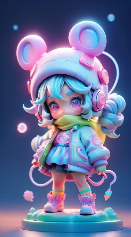 Blind box style， tchibi，A huge cute colourful mouse with a little girl standing in front of it, digital art, fantasy style, fabu...