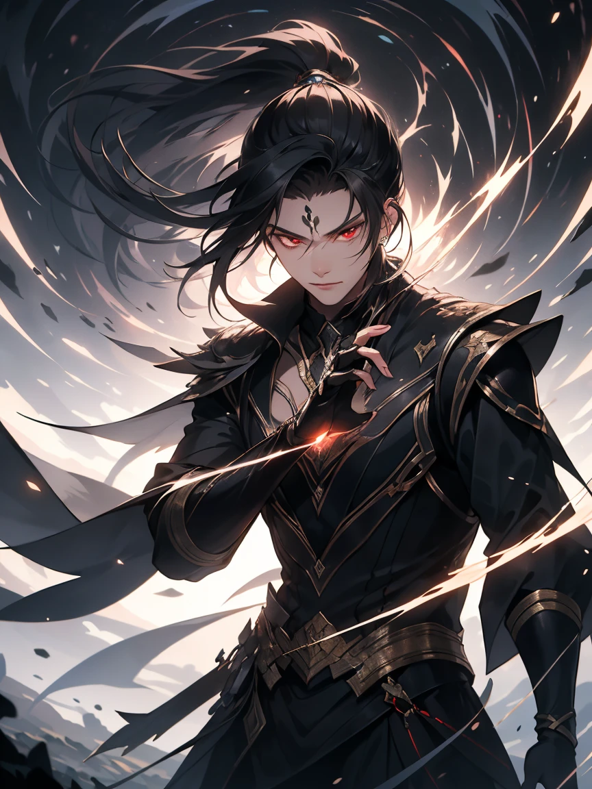 a painting that represents the nature of magic in his world，Black hair with high ponytail，The red-eyed protagonist has a mysterious black mark on his neck，Immerse yourself in a barrage of magical energy，Normal hands，Glowing particles dance around him，Mysterious symbols formed in the sky， tmasterpiece， Best quality， ultra - detailed， lamplight， 8k resolution concept art， Fantasyart， epic art， 4K concept art wallpaper，dark colour，natural  lightting，swirls of magic，