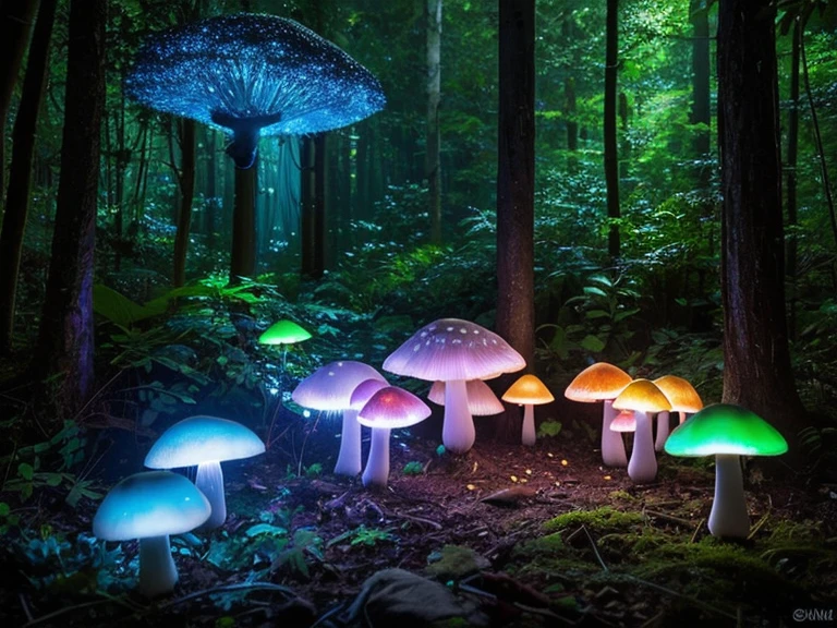 Bioluminescent mushrooms,glowing in the dark,forest under moonlight,dense foliage,ethereal atmosphere,soft moonlight illuminating the scene,illuminating mushrooms,captivating glow of mushrooms,magical forest with glowing mushrooms,enchanted woodland bathed in moonlight,translucent mushrooms creating a mystical ambiance,shimmering light filtering through the trees,luminous fungus casting an otherworldly glow,mystical fungi emitting an enchanting radiance,colorful bioluminescence decorating the forest floor,otherworldly glow painting the dark forest,magical creatures lurking in the shadows,fairy-like beings dancing among the mushrooms,toadstools with a mesmerizing glow,enchanted garden with bioluminescent mushrooms,soft glow guiding lost wanderers,mysterious source of light in the depths of the forest,serene and magical presence of glowing mushrooms,breathtaking display of bioluminescence,softly glowing forest with vibrant mushrooms,creating an ethereal and dreamlike atmosphere.