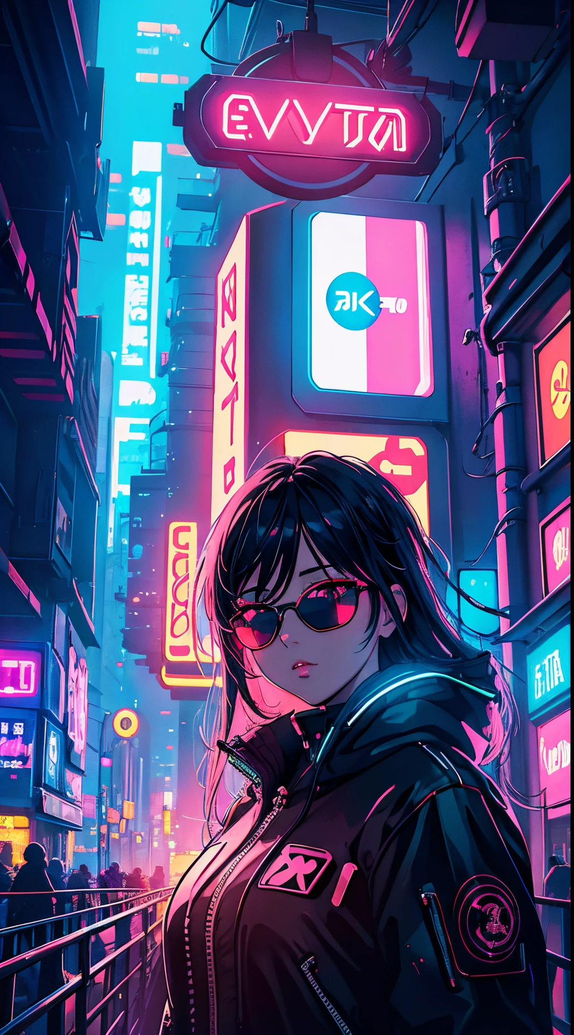 anime girl with detailed eyes and lips, sunglasses, cyberpunk, futuristic cityscape, neon lights, bright colors, digital art style, HD resolution, ultra-detailed, realistic lighting, vibrant atmosphere