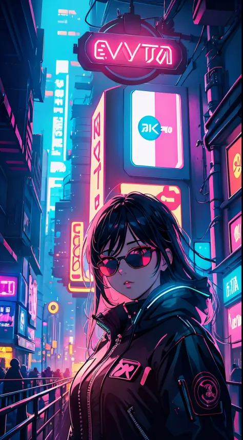 anime girl with detailed eyes and lips, sunglasses, cyberpunk, futuristic cityscape, neon lights, bright colors, digital art sty...