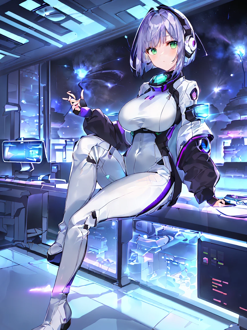 ​masterpiece:1.4, 1girl in ((20yr old, Wearing a futuristic white and silver costume, Tight Fit Bodysuit, long boots, Very gigantic-breasts, (Colorful purple hair,):1.3 short bob, Perfect model body, Green eyes:1.2, Wearing headphones, Looking out the window of the futuristic sci-fi space station、While admiring the beautiful galaxy:1.2, SFSF control room on night background:1.1, Neon and energetic atmosphere:1.2)) ((Galaxy))