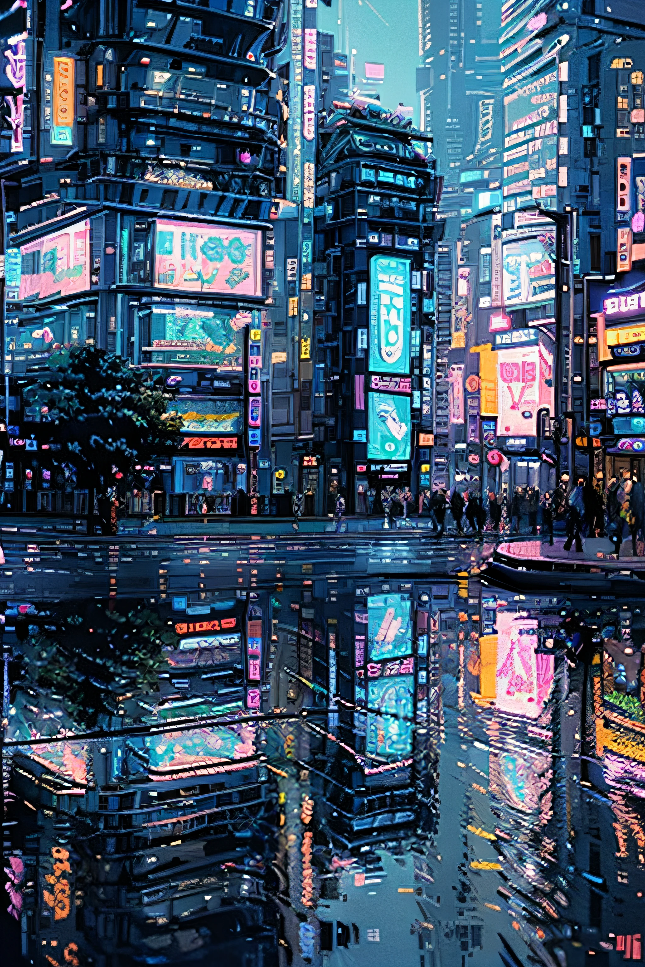 ((Urban Vibes: 1.3, Futuristic Cityscape: 1.2, Busy Intersection: 1.1), Pixel Art Illustration, Vibrant Color Palette, Transparent Elements, Neon Lights, Bustling Pedestrian Traffic, Unconventional Appeal!)