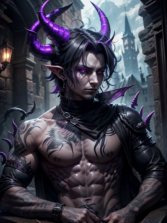 tiefling demon. dark grey short shaggy hair, smoky, layered horns, assassin, 17 years old, piercings, spikes, facial piercings, purple skin tone,  fantasy, medieval, boy, male, emo, large horns, rogue, light muscle tonnage, no lipstick, one broken horn, scars, tattoos, four curled horns, soft features, shirt on, masculine, fem, eyeliner, no facial hair