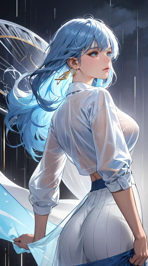 (best quality:1.5, highres, UHD, 4K, detailed lighting, shaders), white and blue haired, gradient hair, large breasts, transpare...