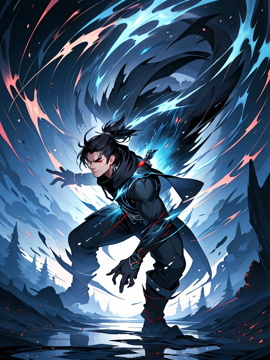 a painting that represents the nature of magic in his world，Black hair with high ponytail，The red-eyed protagonist has a mysterious black mark on his neck，Black scammerse yourself in a barrage of magical energy，Normal hands，Glowing particles dance around him，Mysterious symbols formed in the sky， tmasterpiece， Best quality at best， ultra - detailed， lamplight， 8k resolution concept art， Fantasyart， epic art， 4K concept art wallpaper，deep colour，natural  lightting，swirls of magic，