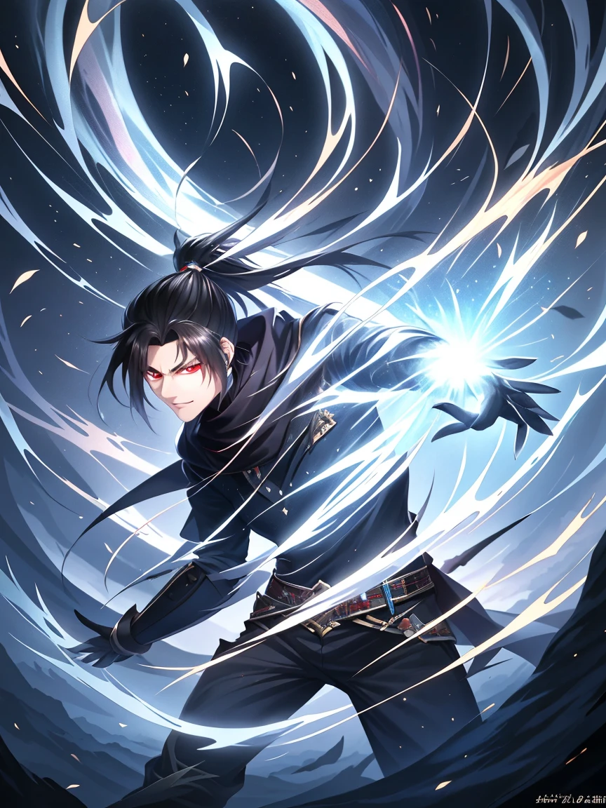 a painting that represents the nature of magic in his world，Black hair with high ponytail，The red-eyed protagonist has a mysterious black mark on his neck，Black scarf，Immerse yourself in a barrage of magical energy，Normal hands，Glowing particles dance around him，Mysterious symbols formed in the sky， tmasterpiece， Best quality at best， ultra - detailed， lamplight， 8k resolution concept art， Fantasyart， epic art， 4K concept art wallpaper，deep colour，natural  lightting，swirls of magic，