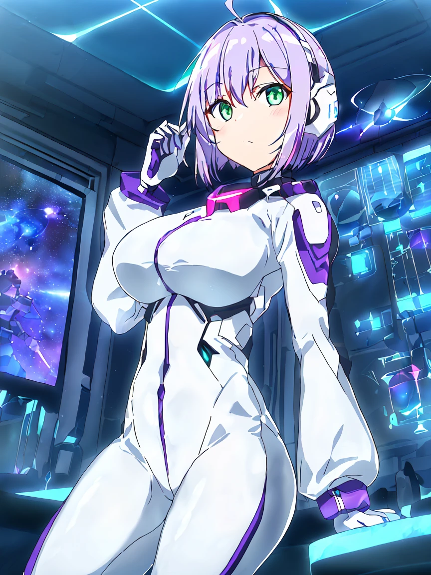 ​masterpiece:1.4, 1girl in ((20yr old, Wearing a futuristic white and silver costume, Tight Fit Bodysuit, long boots, Very gigantic-breasts, (Colorful purple hair,):1.3 short bob, Perfect model body, Green eyes:1.2, Wearing headphones, Looking out the window of the futuristic sci-fi space station、While admiring the beautiful galaxy:1.2, SFSF control room on night background:1.1, Neon and energetic atmosphere:1.2)) ((Galaxy))