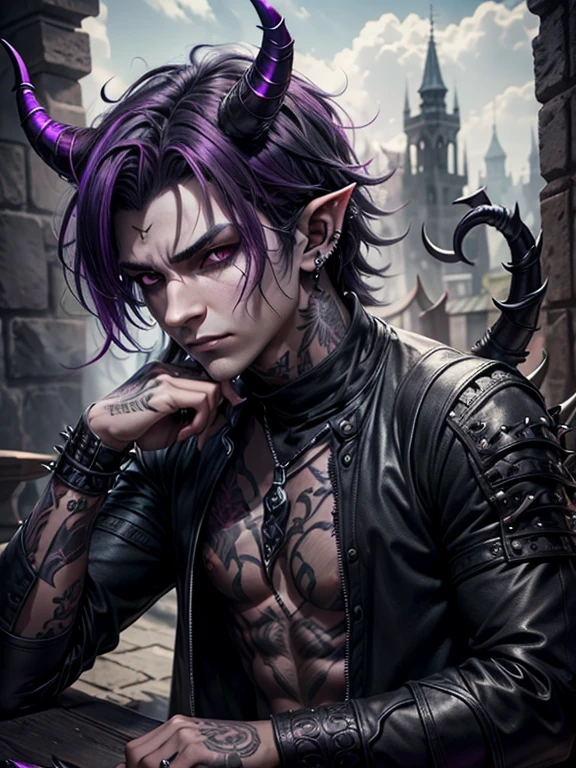 tiefling demon. dark grey short shaggy hair, smoky, layered horns, assassin, 17 years old, piercings, spikes, facial piercings, purple skin tone,  fantasy, medieval, boy, male, emo, large horns, rogue,, no lipstick, one broken horn, scars, tattoos, four curled horns, soft features, shirt on, masculine, fem, eyeliner, no facial hair, closed shirt