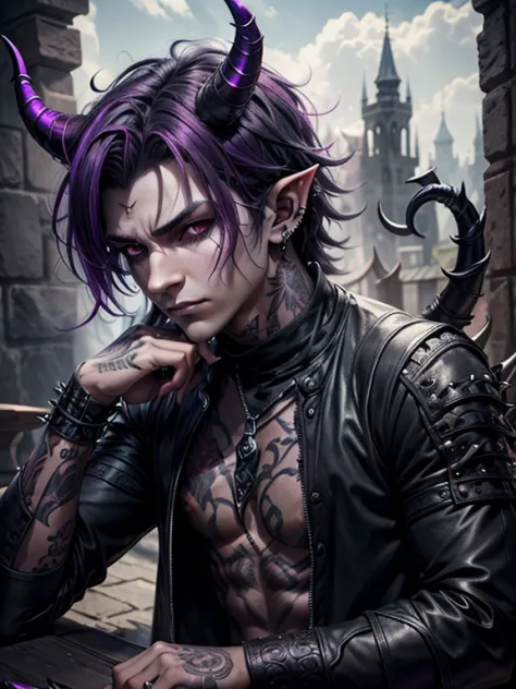 tiefling demon. dark grey short shaggy hair, smoky, layered horns, assassin, 17 years old, piercings, spikes, facial piercings, ...