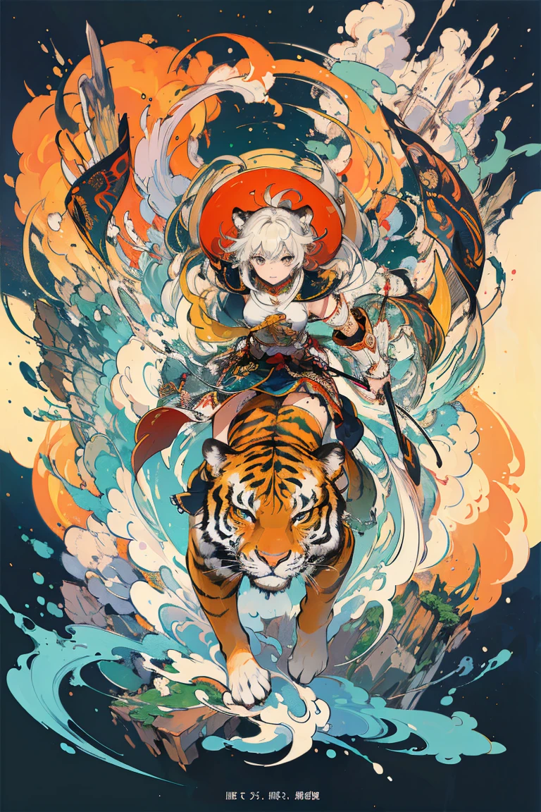 (​masterpiece、top-quality、Official art:1.2)、Look at viewers、｛Armour｝、｛tiger and girl｝、｛Tiger painting｝，Transparency，Colorful water levitation、(2D:1.5)