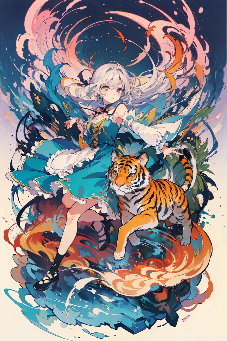 (​masterpiece、top-quality、Official art:1.2)、Look at viewers、｛Dress appearance｝、｛tiger and girl｝、｛Tiger painting｝，Transparency，Colorful water levitation、(2D:1.5)
