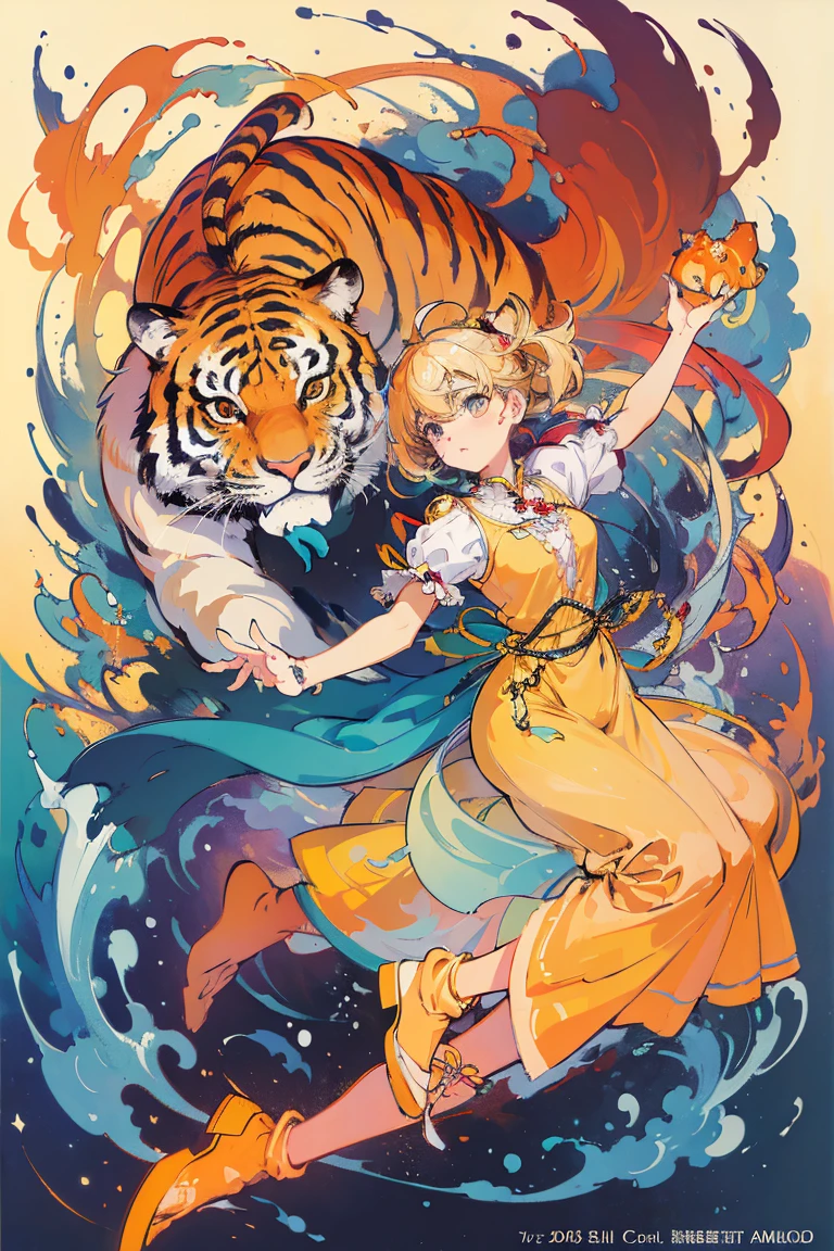 (​masterpiece、top-quality、Official art:1.2)、Look at viewers、｛Dress appearance｝、｛tiger and girl｝、｛Tiger painting｝，Transparency，Colorful water levitation、(2D:1.5)