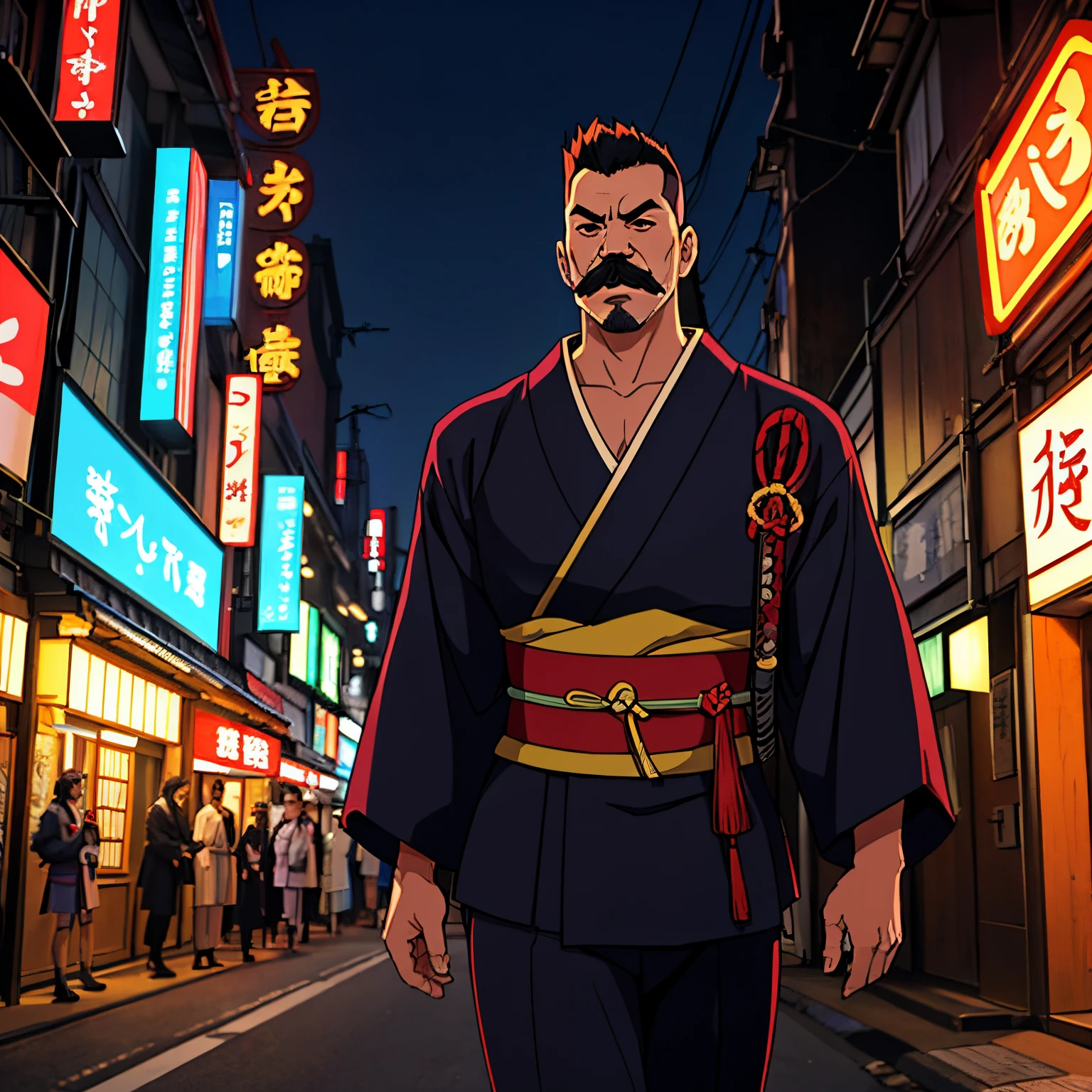 (Um samurai masculino com um moicano preto), (35 anos de idade), ((bigode comprido)), (usa um quimono velho da Era Meiji), (localizado na moderna Tóquio com luzes de néon brilhantes), carrega sua espada