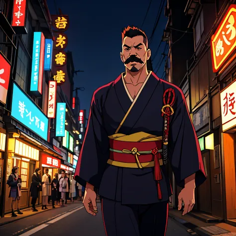 (A male samurai with a black Mohawk), (35 years old), ((long mustache)), (wears an old kimono from the Meiji Era), (located in m...