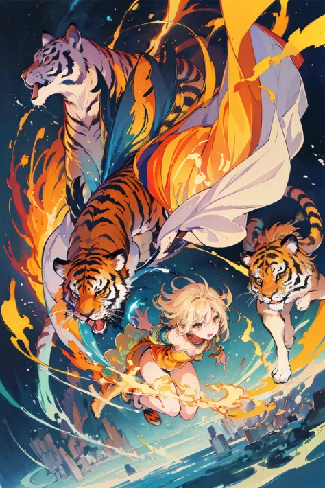 (​masterpiece、top-quality、Official art:1.2)、Look at viewers、｛Dress appearance｝、｛tiger and girl｝、｛Tiger painting｝，A flash of ligh...