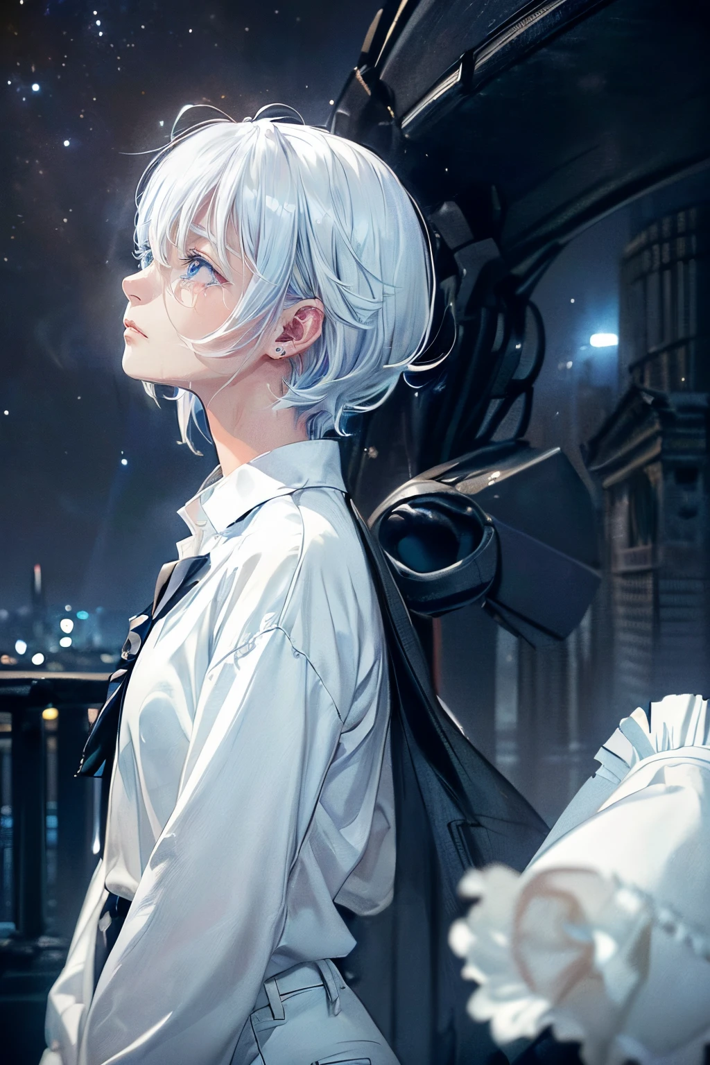 ((4K works))、​masterpiece、(top-quality)、1 beutiful girl、Slim body、tall、((Black Y-shirt and white pants、Charming English knight style))、Please wear one jacket、(Detailed beautiful eyes)、Fantastic night city、((city under the starry sky))、Fantastic city at midnight、((Face similar to Carly Rae Jepsen))、((Short-haired white hair))、((Smaller face))、((Neutral face))、((Bright blue eyes))、((American adult women))、((Adult female 26 years old))、((cool lady))、((Like a celebrity))、((Crying expression))、((Sad look))、((Korean Makeup))、((elongated and sharp eyes))、((Happy dating))、((boyish))、((Upper body photography))、Professional Photos、((Shot alone))、((She is looking up at the sky under the roof))、((Shot from the side))、((Crying profile))、((Face crying in pain))、((She is facing upwards))、((Her eyes are looking down))、((she is standing next to the viewer))、rearing、solitude、saddened、desolate、suffocating、heartbreaking、auw