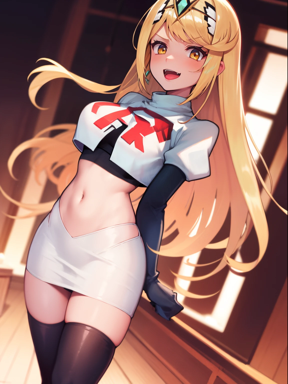 mythra \(xenoblade\), blond hair, yellow eyes, team rocket uniform, red letter R, white skirt,white crop top,black thigh-high boots, black elbow gloves, evil laugh,