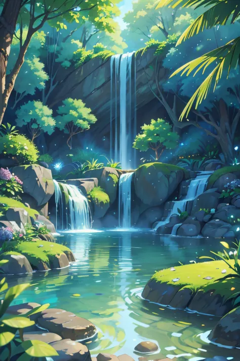(best quality,4k,8k,highres,masterpiece:1.2),ultra-detailed,(realistic,photorealistic,photo-realistic:1.37),enchanting lake, sparkling water, serene atmosphere, peaceful, calming, tranquil, glimmering reflections, floral surroundings, fragrant flowers, smooth stones, natural beauty, fairy-tale-like, sunlit, shimmering waterfall, transparent veil of water, cascading elegantly, delicate mist, refreshing breeze, natural harmony, dappled sunlight, dancing shadows, ethereal, magical ambiance, lush greenery, whispering leaves, playful ripples, harmonious colours, serenity, blissful tranquillity, hidden paradise, one with nature, serene escape, enchanted dreamscape, rays of light piercing through the foliage, harmonious melodies of nature