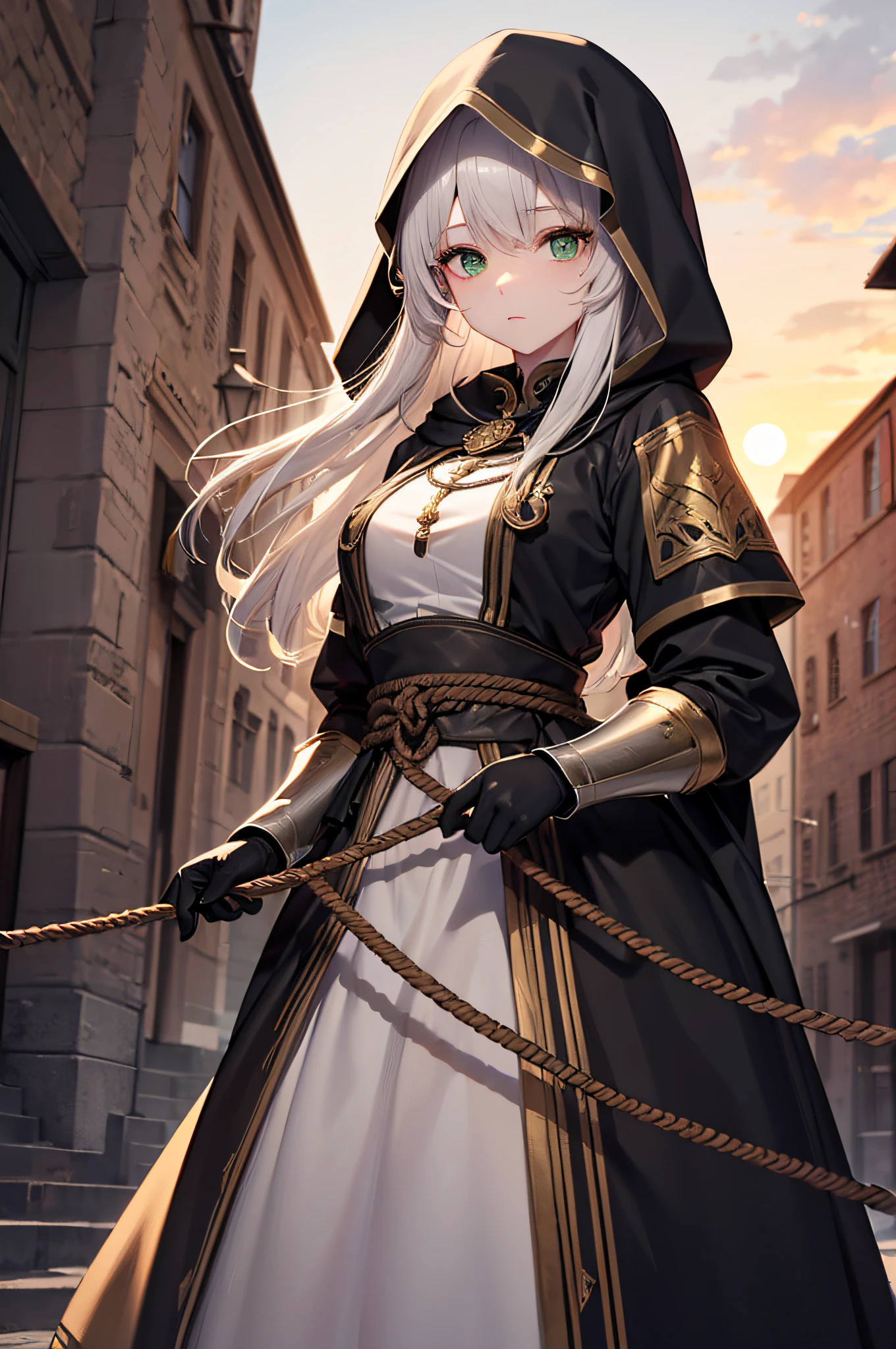 4K,hight resolution,One Woman,cream colored Hair,Longhaire,Green eyes,Sister,gray sacred rope,gray sacred armor,Gray hood,Medieval cities,the setting sun