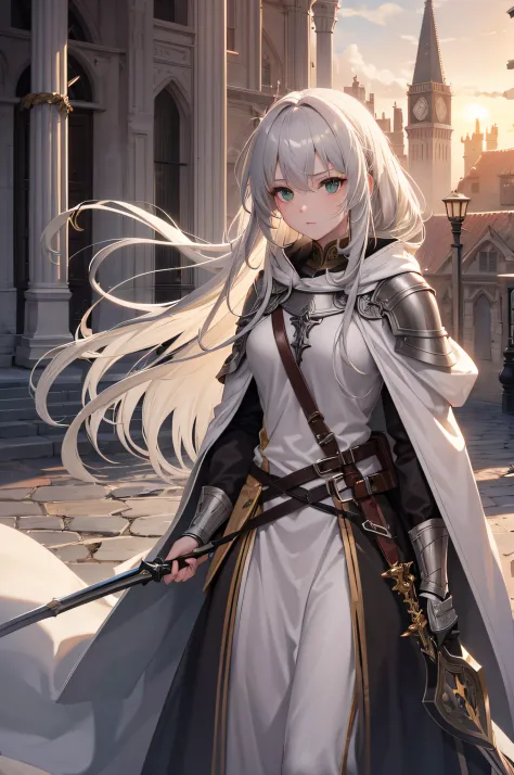 4K,hight resolution,One Woman,cream colored Hair,Longhaire,Green eyes,Sister,gray sacred rope,gray sacred armor,Gray hood,Longsw...