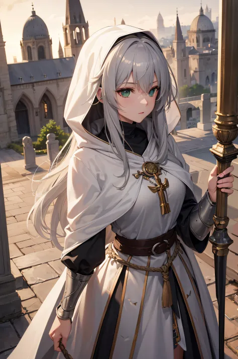 4K,hight resolution,One Woman,cream colored Hair,Longhaire,Green eyes,Sister,gray sacred rope,gray sacred armor,Gray hood,Longsw...