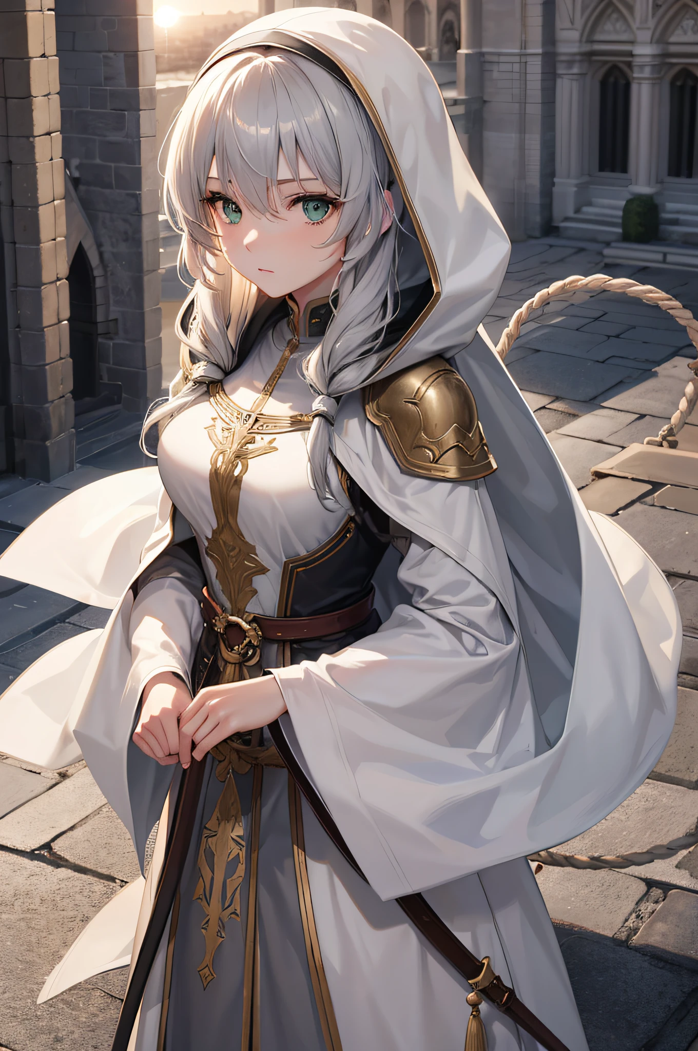 4K,hight resolution,One Woman,cream colored Hair,Longhaire,Green eyes,Sister,gray sacred rope,gray sacred armor,Gray hood,Longsword,Medieval cities,the setting sun