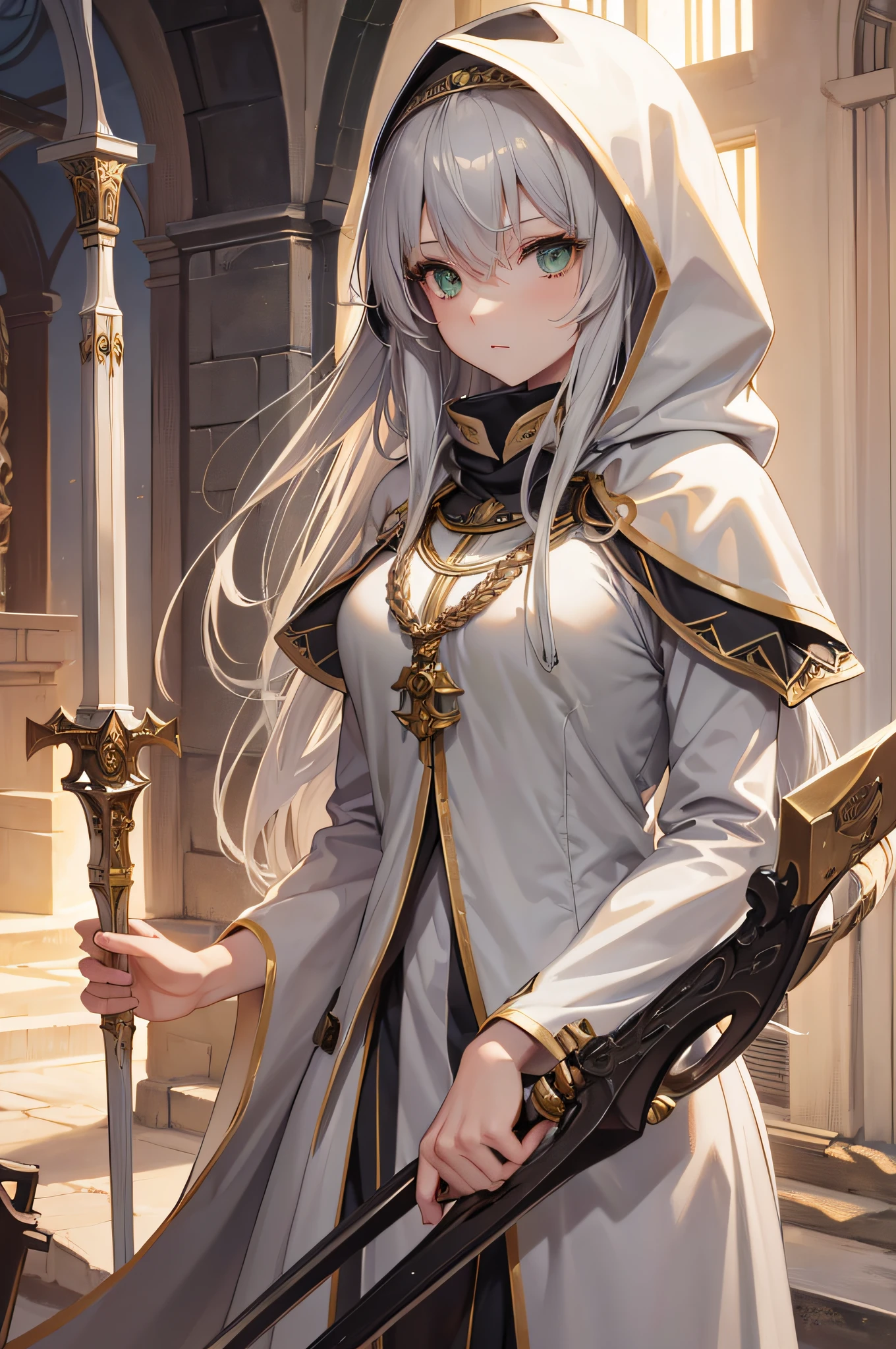 4K,hight resolution,One Woman,cream colored Hair,Longhaire,Green eyes,Sister,gray sacred rope,gray sacred armor,Gray hood,Longsword,Medieval cities,the setting sun