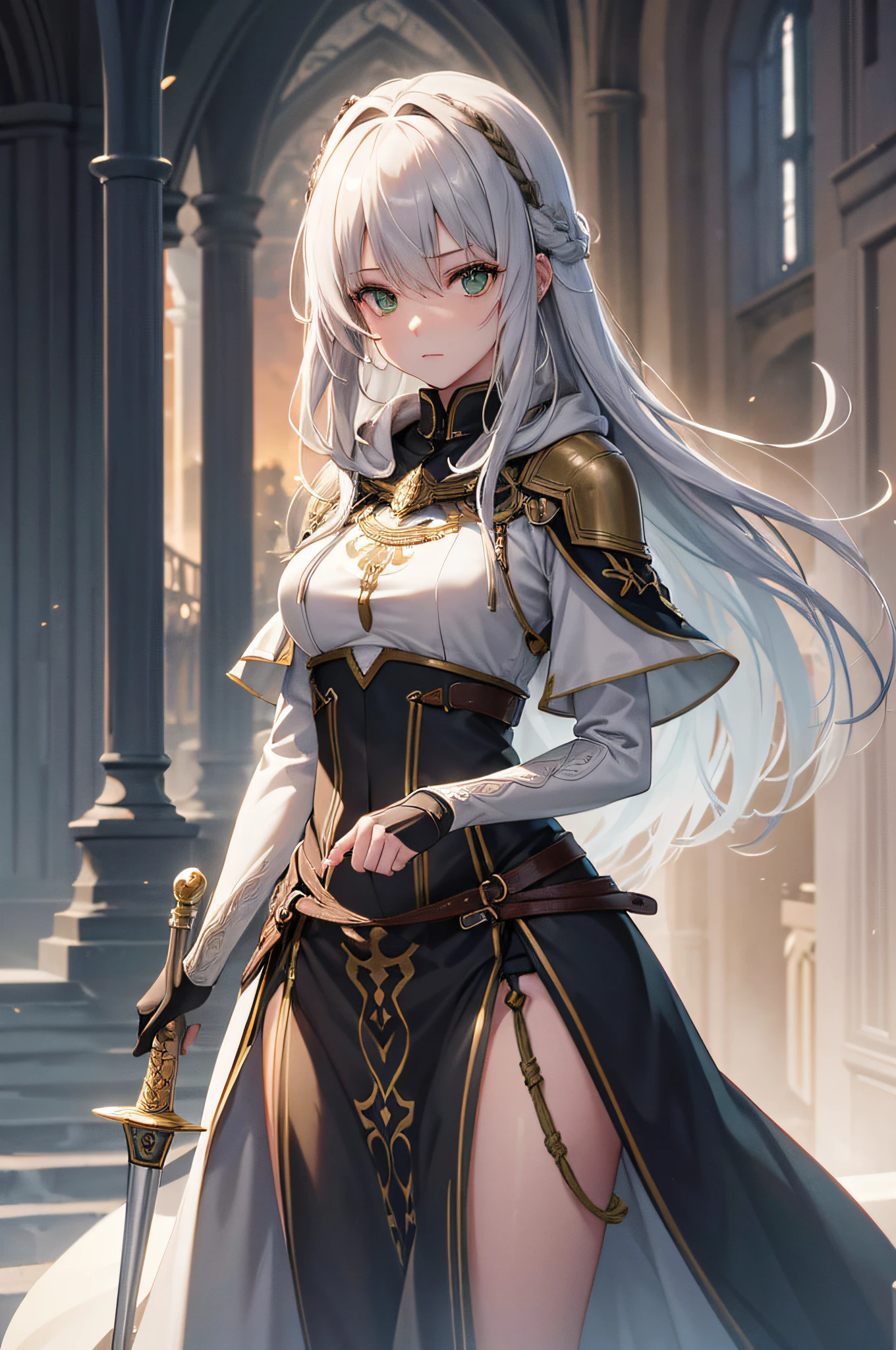 4K,hight resolution,One Woman,cream colored Hair,Longhaire,Green eyes,Sister,gray sacred rope,gray sacred armor,Gray hood,Longsword,Medieval cities,the setting sun