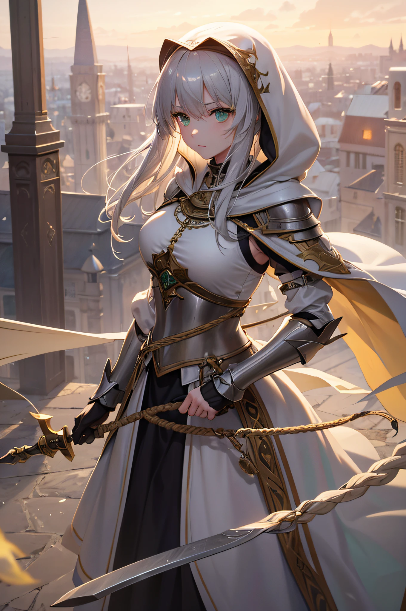 4K,hight resolution,One Woman,cream colored Hair,Longhaire,Green eyes,Sister,gray sacred rope,gray sacred armor,Gray hood,Longsword,Medieval cities,the setting sun