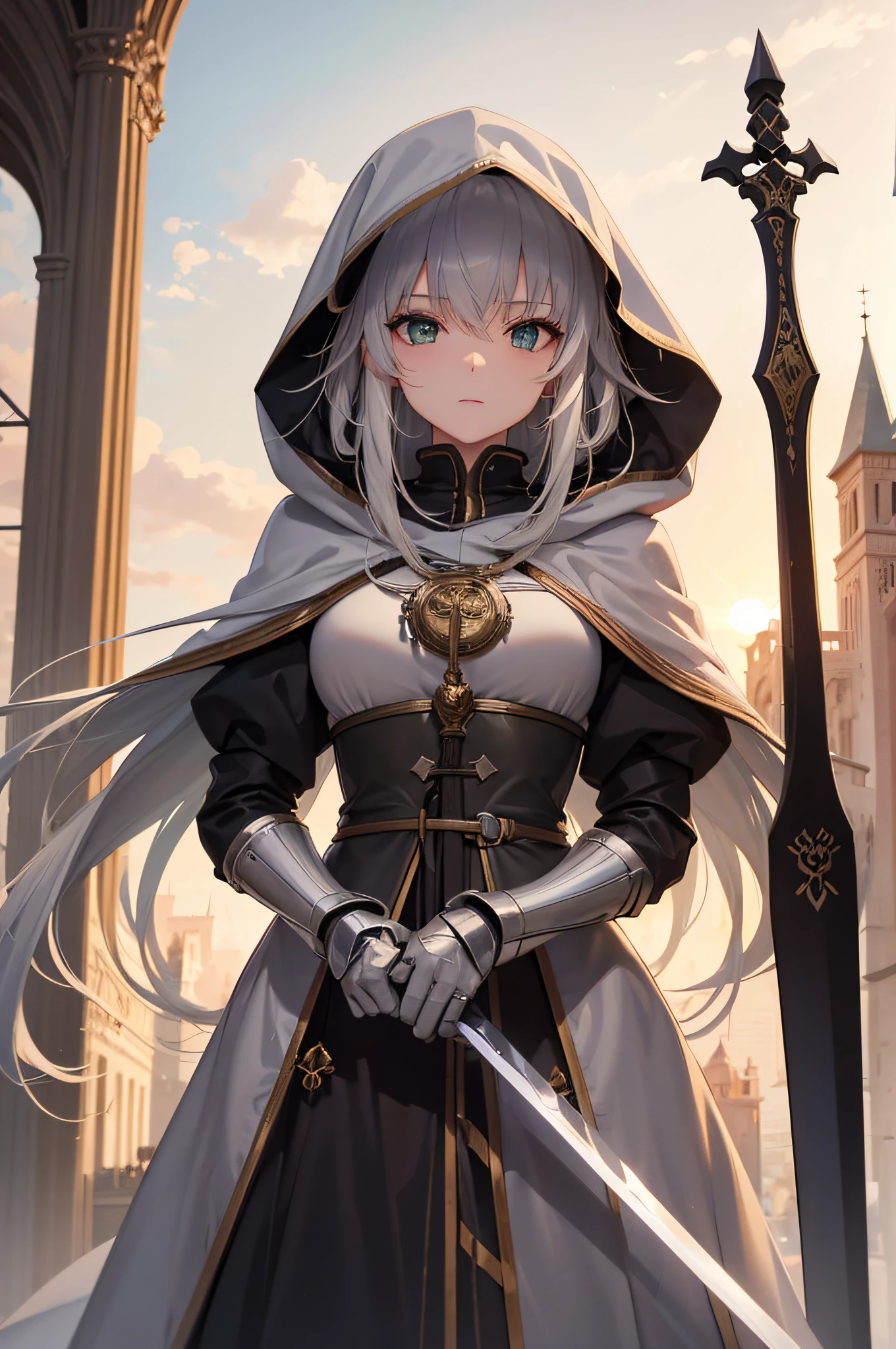 4K,hight resolution,One Woman,cream colored Hair,Longhaire,Green eyes,Sister,gray sacred rope,gray sacred armor,Gray hood,Longsword,Medieval cities,the setting sun