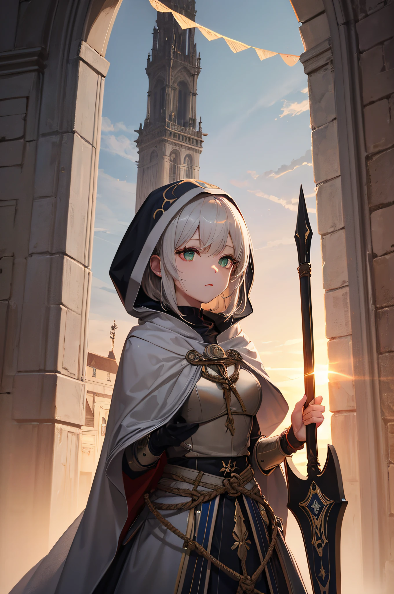 4K,hight resolution,One Woman,cream colored Hair,Longhaire,Green eyes,Sister,gray sacred rope,gray sacred armor,Gray hood,Longsword,Medieval cities,the setting sun