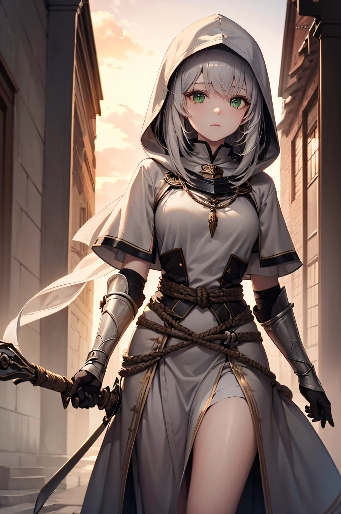 4K,hight resolution,One Woman,cream colored Hair,Longhaire,Green eyes,Sister,gray sacred rope,gray sacred armor,Gray hood,Longsword,Medieval cities,the setting sun