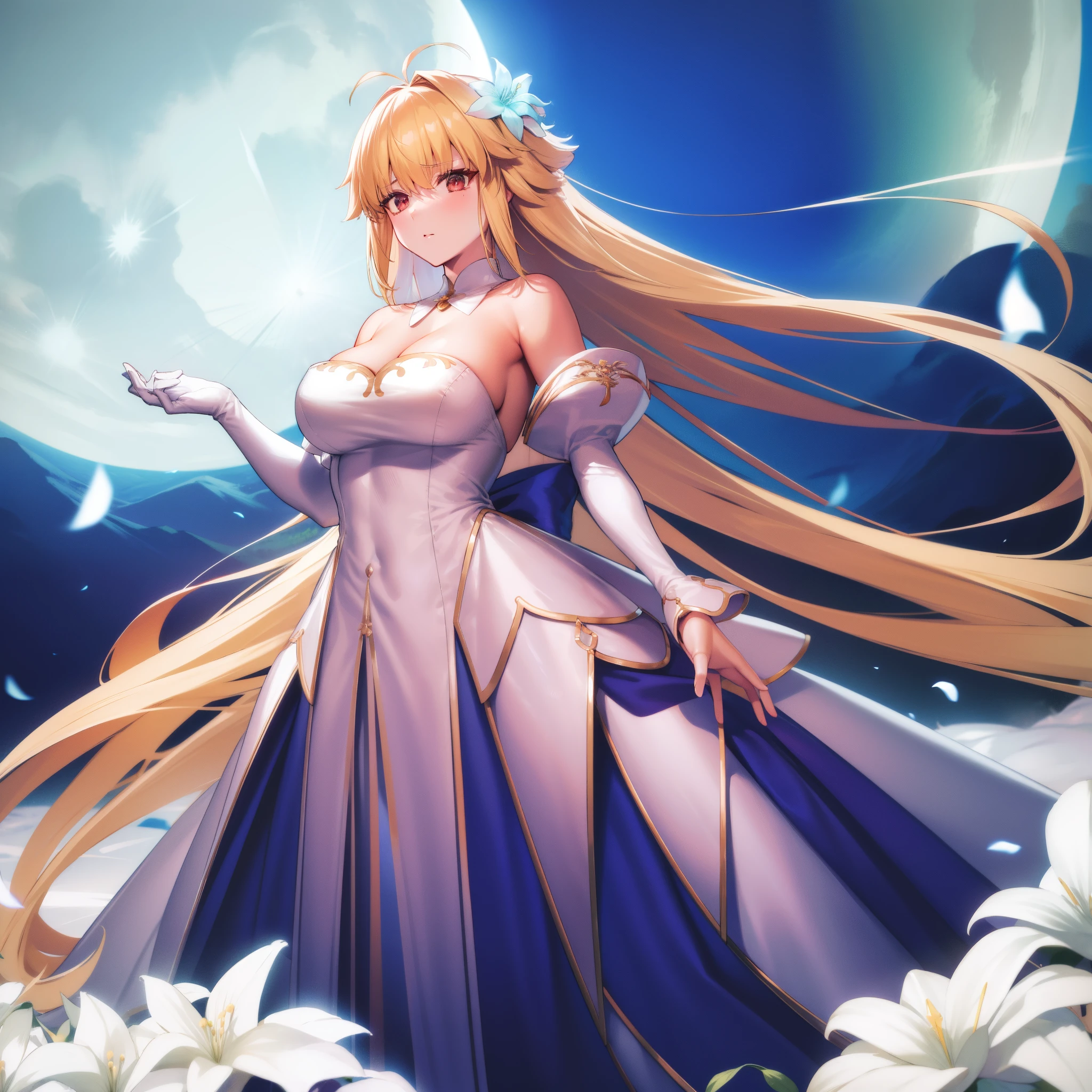 Takashi Takeuchi style, 1girl, archetype earth \(hime\), bare shoulders, blush, breasts, cleavage, detached collar, detached sleeves, two-tone strapless sleeveless hime white dress, field, flower, flower field, full moon, gloves, large breasts, looking at viewer, moon, night, night sky, petals, sky, annoyed, solo, white gloves, (standing:1.4), fullbody,