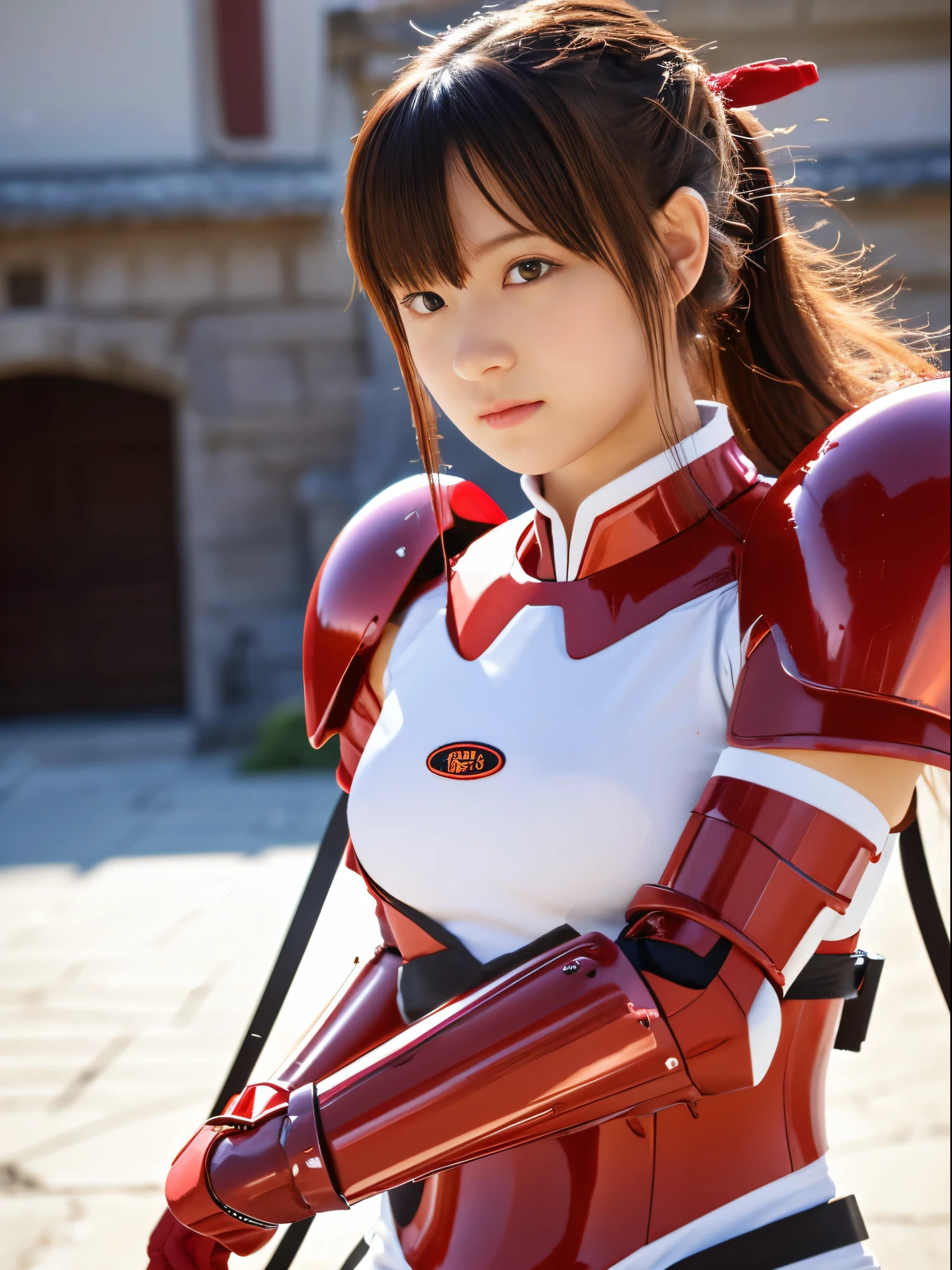 high-definition picture，(masutepiece), (Best Quality), (1 girl), girl in red armor, Cool pose, Battlefield Background, Beautiful hair, armor with black lines, Simple but cute battle uniform，White swimwear，i&#39;I&#39;m wearing it underneath，