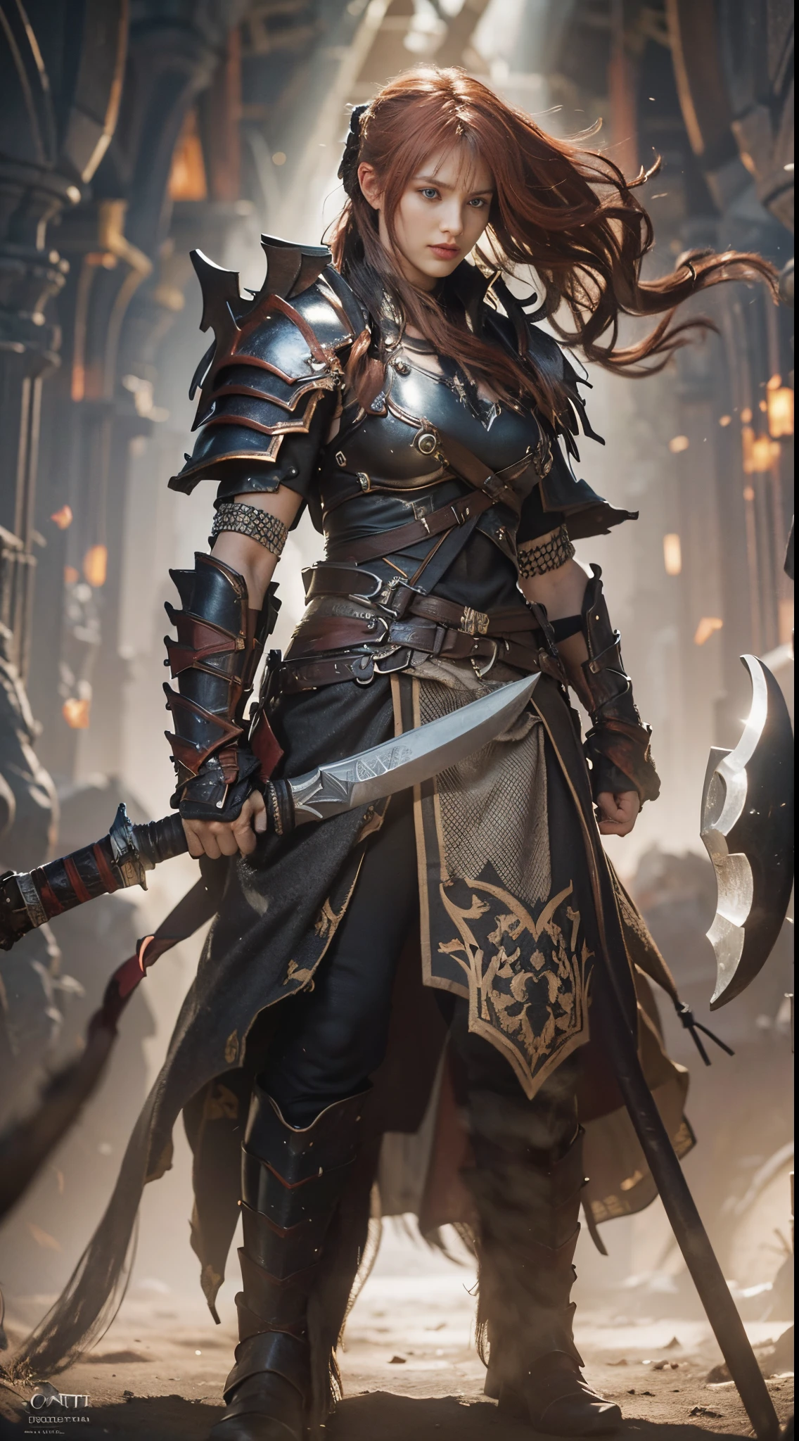 8k, best quality, highres, realistic, real person, A solitary warrior in a suspicious arena setting, without the demon lord. The warrior, lightly armored and with a sly smile, wields a large, ornately decorated axe. They have short red hair. The background is a mysterious and ominous arena, with a sense of danger and suspense. The lighting is dim and dramatic, enhancing the warrior's intense and cunning appearance.