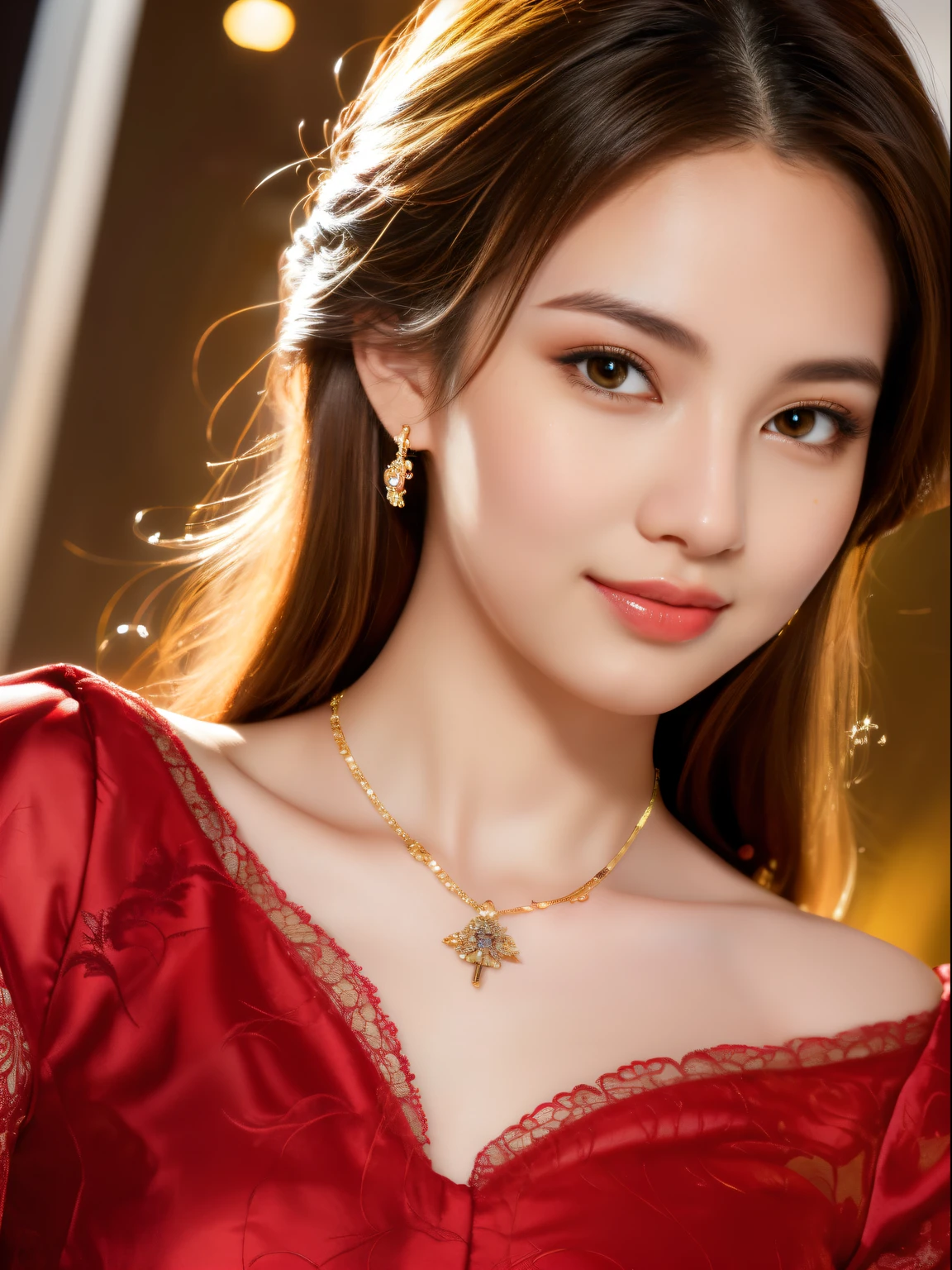 (highly detailed CG unit 8k wallpaper, masutepiece, Best Quality, Ultra-detailed),Details of face, (The best lighting, Best Shadow), 21 years old half female,  (((Feng Fujiko)))  Egg-shaped face, Wearing a single red rose around the neck of a necklace, Wearing red and black lace dress,high-heels， Golden earrings, Features like Maria Padilla, (highly detailedskin: 1.2), Medium brown loose hair full body high definition painting with light　in front of the safe　Smiling and looking at the camera