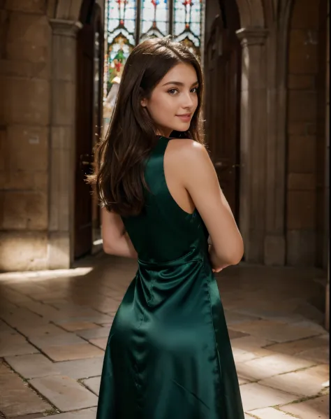 A beautiful european girl with brown eyes and brunette hair, wearing a wearing an elegant close-fitting dark green satin dress, ...