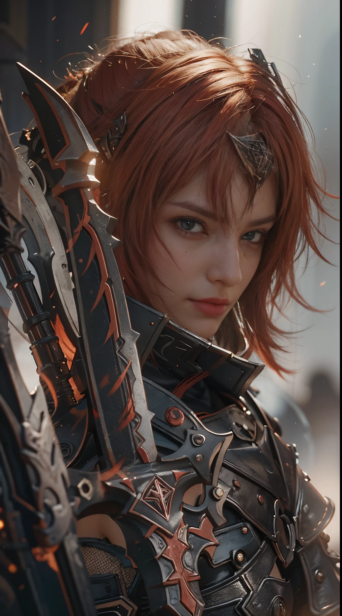 8k, best quality, highres, realistic, real person, A solitary warrior in a suspicious arena setting, without the demon lord. The warrior, lightly armored and with a sly smile, wields a large, ornately decorated axe. They have short red hair. The background is a mysterious and ominous arena, with a sense of danger and suspense. The lighting is dim and dramatic, enhancing the warrior's intense and cunning appearance.