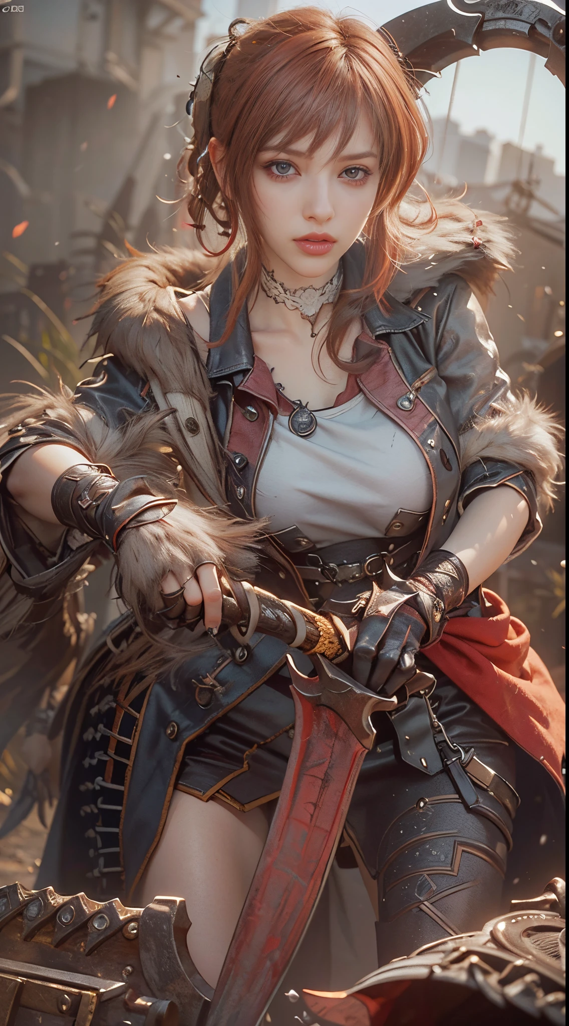 (hyper realisitic), (Illustration), (High resolution), (8K), (Extremely detailed), (Best Illustration), (Beautiful detailed eyes), (Best Quality), (Ultra-detailed), (masutepiece), (Wallpaper), (Detailed face), Solo 1 Girl, Big breasts, upholstered round metal ax, Fur collar, Large Metal Hand Axe, Beautiful powerful eyes, Beautiful skin, Red-haired short-haired