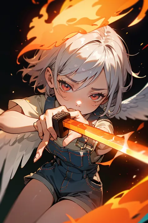 girl,short silver hair,loli,dressing shorts overalls,burning background,phoenix wings,enraged,with large fire sword,(best qualit...