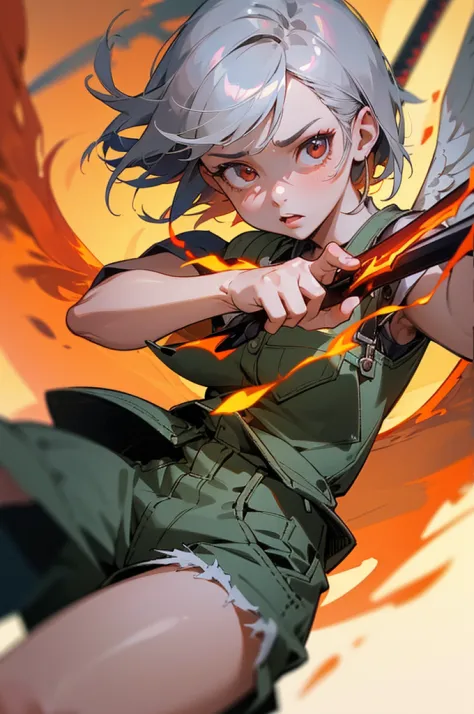 girl,short silver hair,loli,dressing shorts overalls,burning background,phoenix wings,enraged,with large fire sword,(best qualit...