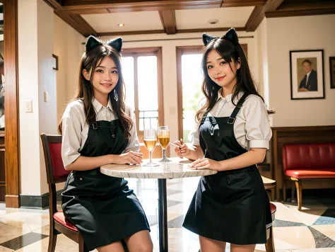 (two waitress girls:1.3),(Smiling:1.2), (cowboys:1.4), shot, (Two waitress girls wearing fluffy cat costumes、They are standing b...