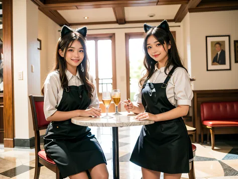 (two waitress girls:1.3),(smiling:1.2), (cowboys:1.4), shot, (two waitress girls wearing fluffy cat costumes、they are standing b...