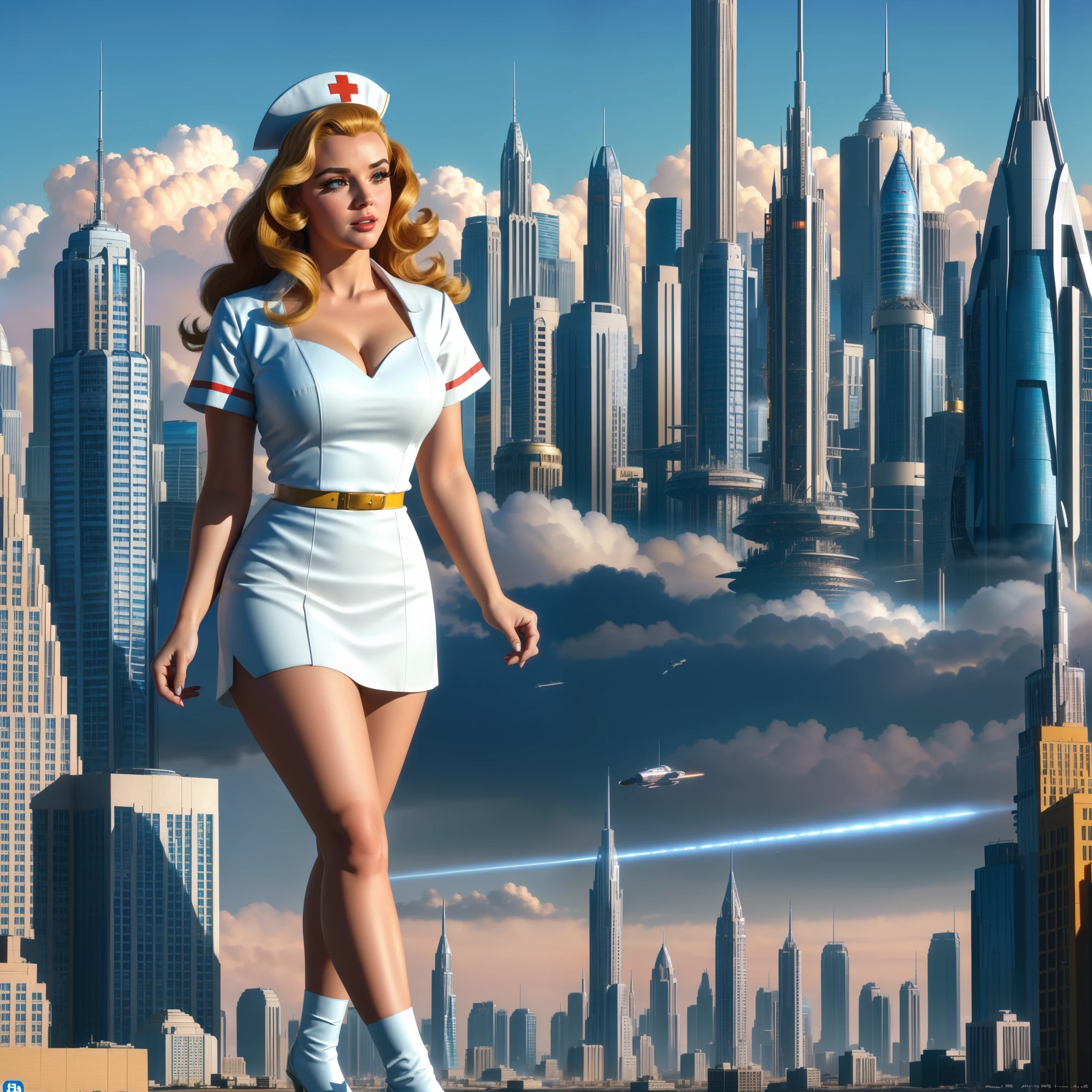 (Masterpiece, Best Quality), 8k Wallpaper, highly detailed, poster, vintage sci-fi film, 1960s, a magazine cover with sexy giant nurse towering over a tiny city, a portrait by Paul Kane, cinematic movie poster, perfect face, Attack of the 50 foot woman, giant woman, tiny city, lines, abstract, mid century modern, movie poster, vintage, white nurse uniform, stiletto high heel shoes, tiny destroyed skyscrapers city, retrofuturism, pulp sci fi, pulp sci-fi, 60's pulp illustration, scifi pulp, pulp book cover art, pulp scifi, old retro pulp comic cover, pulp science fiction, pulp scifi illustration, vintage scifi, skyscrapers below her knee,